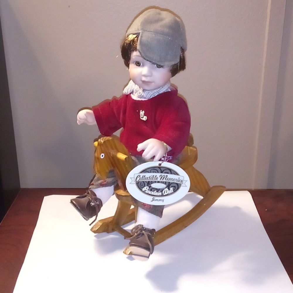 Collectable Memories Porcelain Doll "Jimmy" W/Wooden Rocking Horse Vintage